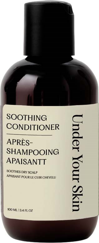 Flaska med lugnande balsam för torr hårbotten, 100 ml, med svart flip-lock och ljus etikett.