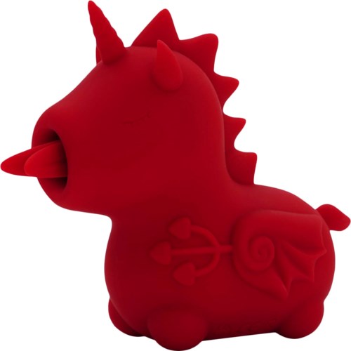 A plush red unicorn with a spiral tail, spiky mane, and a closed eye design on its body.