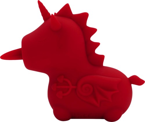 A red plush toy shaped like a unicorn with wings and a spiral on its side.