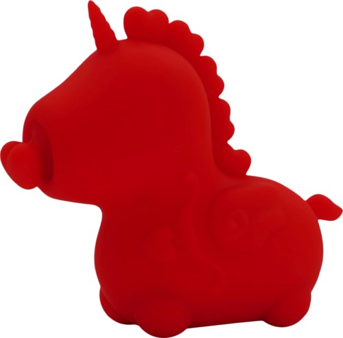 Red plush unicorn toy with a horn, mane, tail, and round body silhouette.