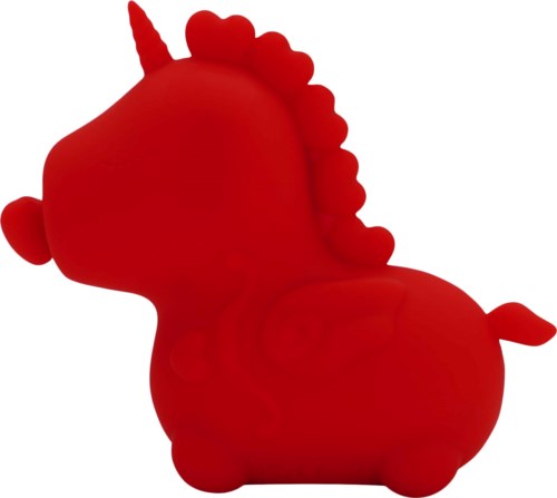 A red plush unicorn toy with a horn and mane, facing left and sitting.