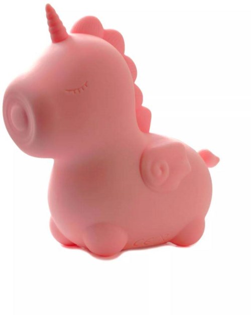 A small, pink, unicorn-shaped piggy bank with a big horn and closed eyes.