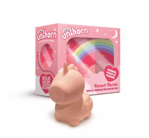 A pink unicorn-shaped toy with rainbow colors inside, in a pink box with clouds and a rainbow, labeled 'Unihorn' and 'Heart Throb.'