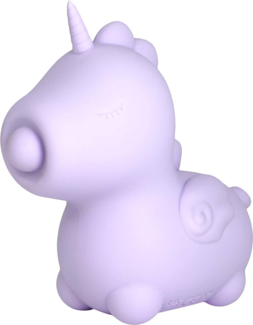 A cute, white unicorn figure with a curled tail and closed eyes.