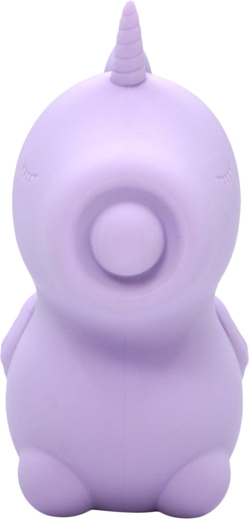A cute, purple unicorn-shaped object with a horn, closed eyes, and a round, open mouth.