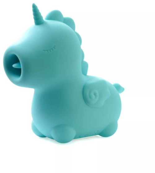 A blue unicorn-shaped water spray toy with a long snout and closed eyes.