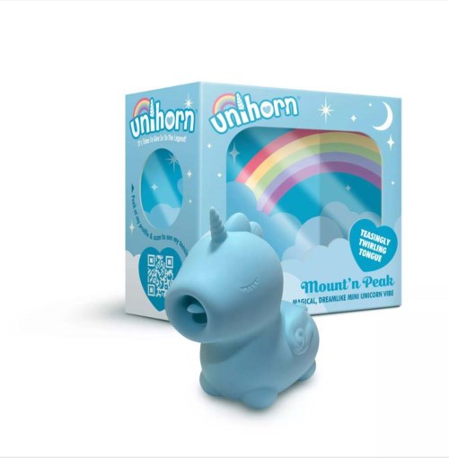 A blue unicorn-shaped squishy toy with a rainbow and clouds on the box, labeled "unihorn" and "Mount 'n Peak."