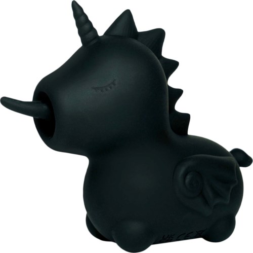 A black unicorn toy with a horn, closed eyes, and a curled tail, looking cute and simple.
