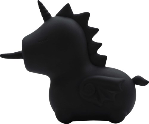 A black unicorn-shaped object with a horn, wings, and a spiky back, made of smooth material.