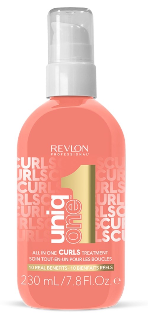 Eine rosa Flasche mit weißer Pumpe, gekennzeichnet Revlon Curl Therapy für Haare, 230 ml.