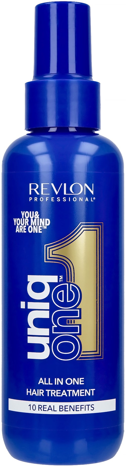 Blaue Flasche mit Revlon-Haarbehandlungsspray mit Gold- und Weißetikett, steht 'Unica One 1, All in One Hair Treatment'.