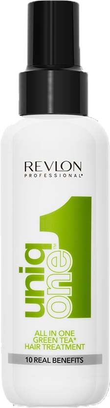 Eine weiße Flasche mit schwarzem Deckel, beschriftet 'Revlon Professional' und 'Uria One', bewirbt grünen Tee-HaarbeHAND.