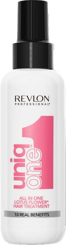 Eine weiße Flasche mit schwarzem Sprühkopf, beschriftet 'Revlon Professional Uniq One' pink und schwarz, für Haarkur.