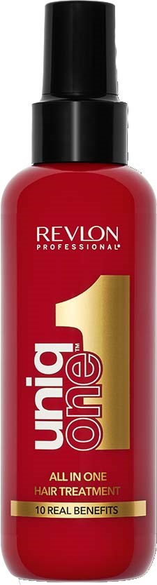Rote Flasche mit schwarzem Deckel, beschriftet 'Revlon Uniq One All in One Hair Treatment' mit 10 Vorteilen.