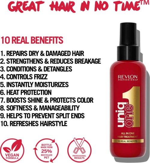 Rote Revlon Haarpflegeflasche mit Text, der 10 Vorteile für das Haar auflistet. Enthält vegane Formel und recycelte Flascheninformationen.