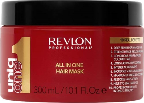 Roter Behälter mit Revlon All-in-One Hair Mask, schwarzer Deckel, Vorteile auf Etikett, 300 ml.