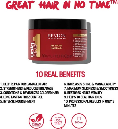 Roter Revlon-Haarmaske-Behälter auf weißem Hintergrund. Behälter ist 300 ml und vegan.