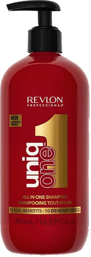 Rote Flasche mit schwarzem Pumpen, Revlon Uniq One Shampoo, hebt 10 Vorteile hervor, 490ml Größe.