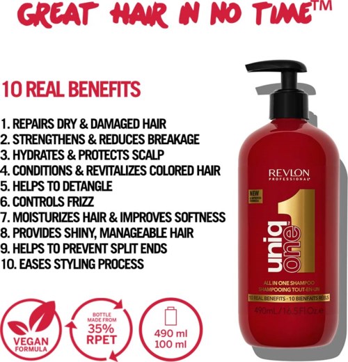 Eine rote Revlon-Shampoo-Flasche mit schwarzer Pumpe und Vorteilliste für Haarpflege.