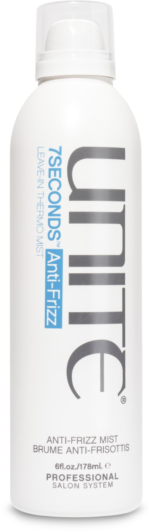Valkoinen pullo pumppikorkilla, jossa lukee Unite T-Seconds Anti-Frizz Mist hiuksille, tarkoittaa ammattikäyttöistä salonkituotetta.