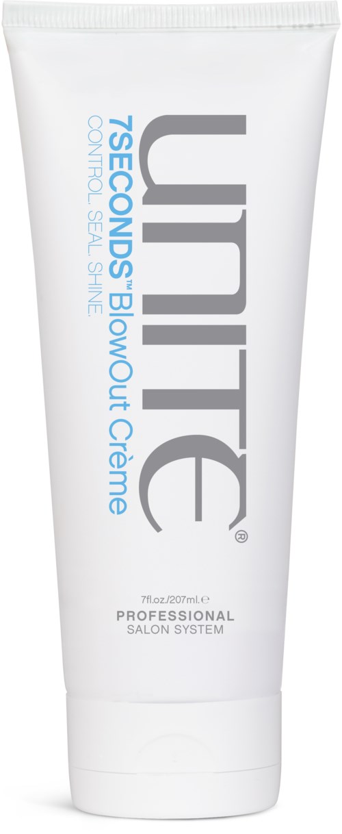 Eine weiße Tube mit Unite TSECONDS' Blowout Creme, blauer und grauer Text, steht aufrecht.