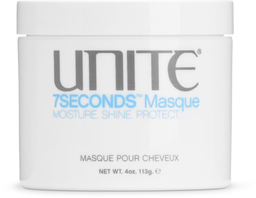 Weiße Verpackung mit grauem und blauem Text, genannt Unite 7 Seconds Maske für Haare, spendet Feuchtigkeit, Glanz und Schutz.