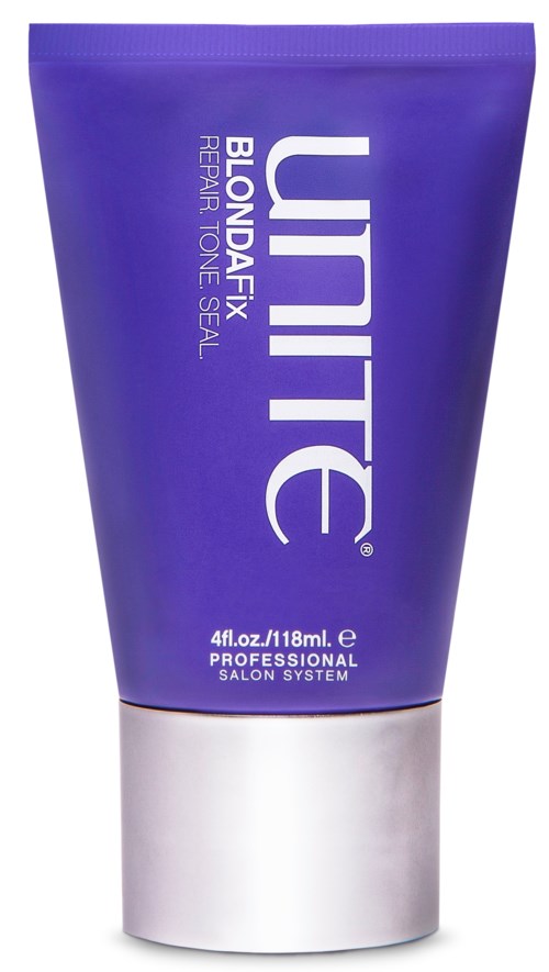 En tube med UNITE BOND-A-FIX Rejuvenate Seal hårprodukt, lilla med hvitt og sølvskrivning, 118 ml størrelse.