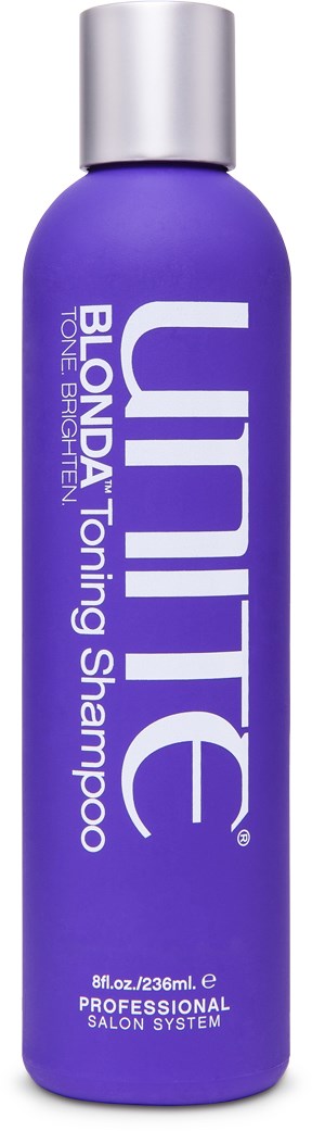A tall purple bottle with a silver cap labeled 'Unite'. It is hair shampoo for bleaching and toning.