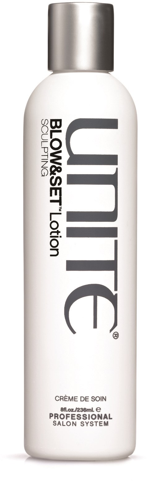 Eine weiße Flasche mit silberner Kappe, beschriftet 'Unite' und 'Blowset Lotion' für professionellen Haargebrauch.