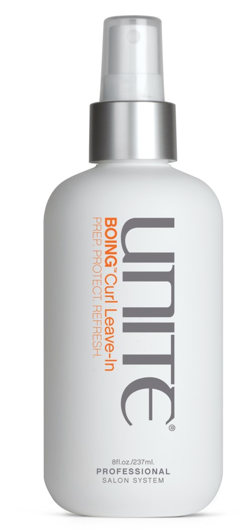 Eine weiße Flasche mit Sprühkopf, beschriftet 'UNITE BONDING LACQUER LEAVE-IN.' Es ist ein professionelles Haarprodukt.