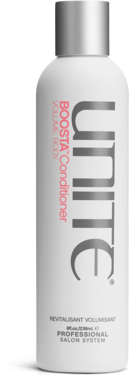Eine weiße Flasche mit silberner Kappe, bezeichnet Unite Boost Conditioner, für professionelle Haarpflege.
