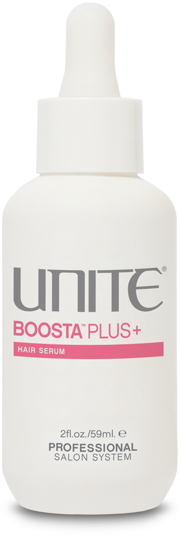 A white bottle with a dropper, labeled 'UNITE BOOSTA PLUS HAIR SERUM' for hair care.