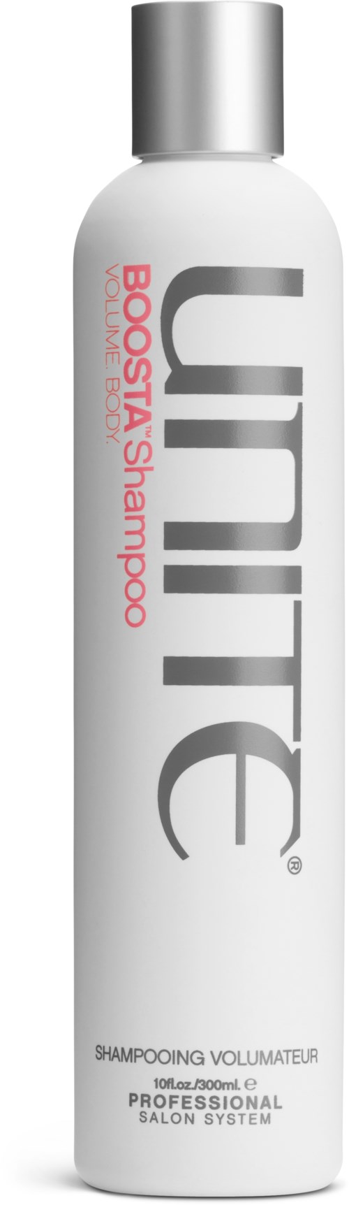 Eine weiße Flasche Unitee-Shampoo mit grauem Deckel, für professionellen Salongebrauch.