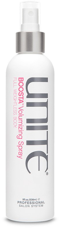 Eine weiße Sprühflasche mit 'Unite' Markenlabel, silberne Kappe, für mehr Volumen im Haar.