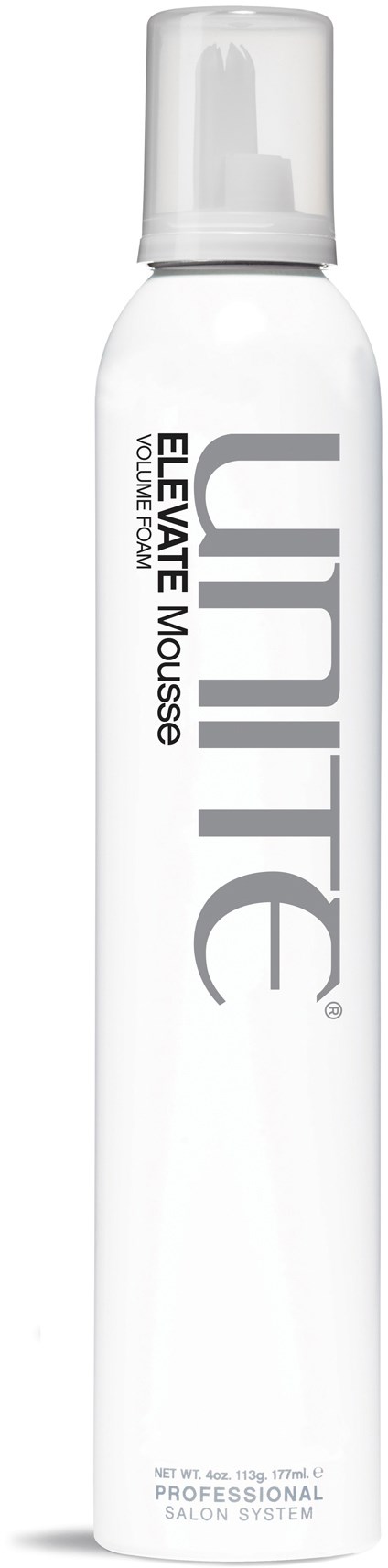 Weiße Sprühflasche mit "Unite Elevate Mousse" Beschriftung und klarem Deckel.