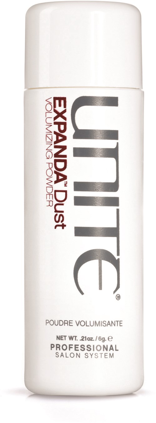 White cylindrical container with black and red text for Unite EXPANDA Dust Volumizing Powder.