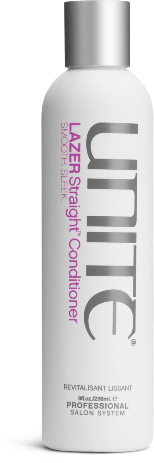 A white bottle with a silver cap. It features the words "Lazer Smoothing Conditioner" and brand name "Unite" in large letters.