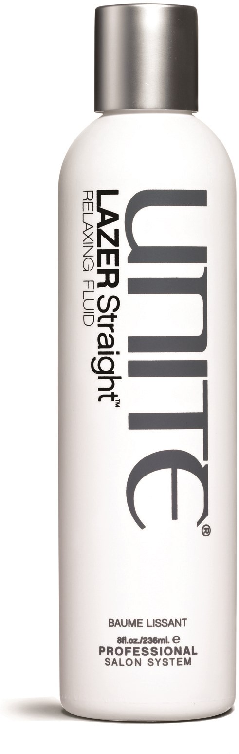 A white bottle with a silver cap labeled 'LUXE' and 'Lazer straight' for hair styling.