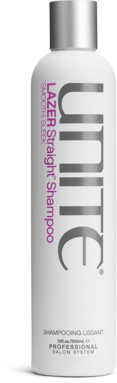 A tall white bottle with silver cap, labeled 'Lumite' and 'Lazer Straight Shampoo' in pink and gray text.
