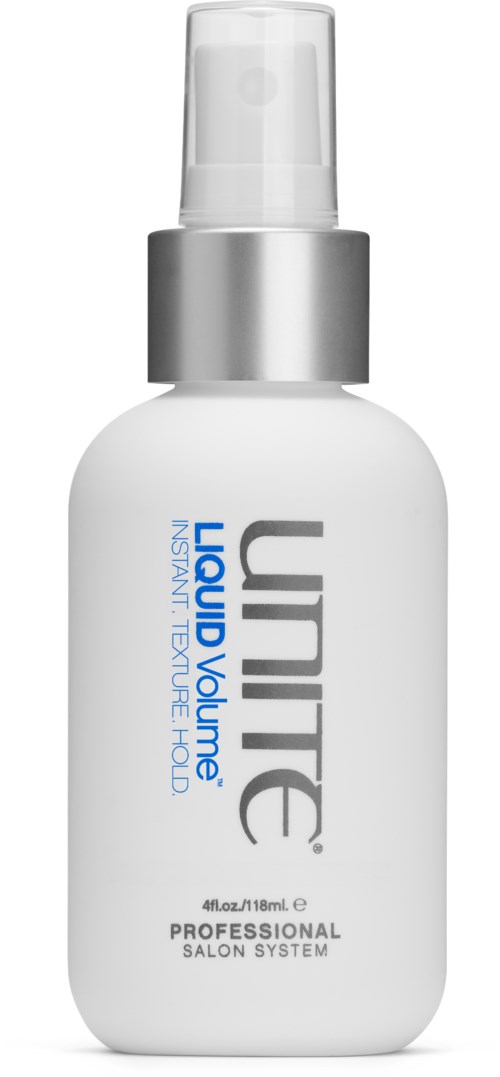 A white spray bottle labeled 'Unite Liquid Volume' for professional hair care. It has a clear spray cap and silver collar.