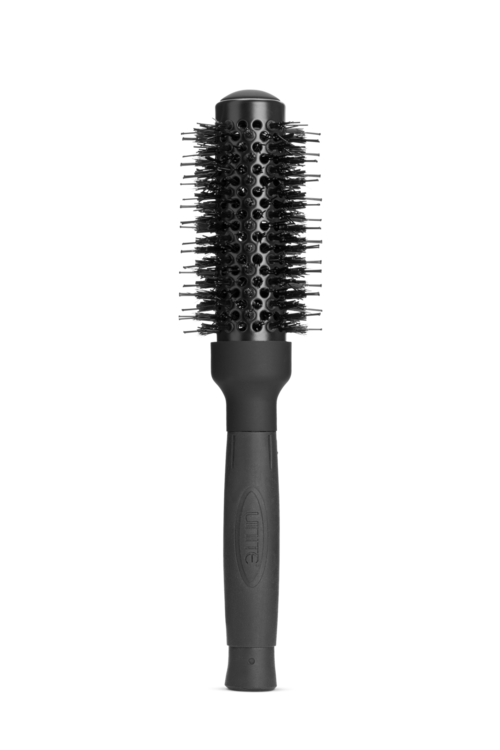 Eine runde Haarbürste mit schwarzem Griff und Borsten, zum Stylen von Haaren.