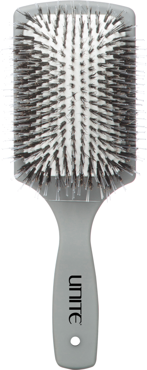 A white hairbrush with metal bristles and a gray handle labeled "UNITE".