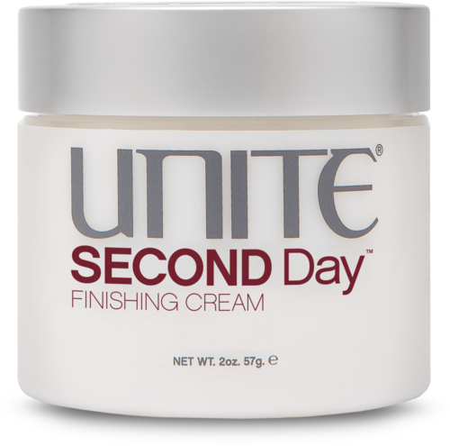 Ein weißer Behälter mit Unite Second Day Finishing Cream, silberner Deckel und roter sowie grauer Schrift.