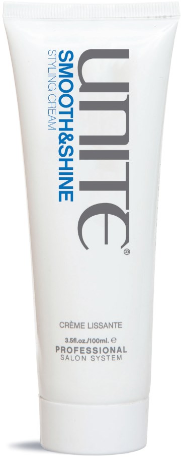 Eine weiße Tube mit Unite Glätte- und Glanz-Haarcreme mit blauer und schwarzer Schrift.