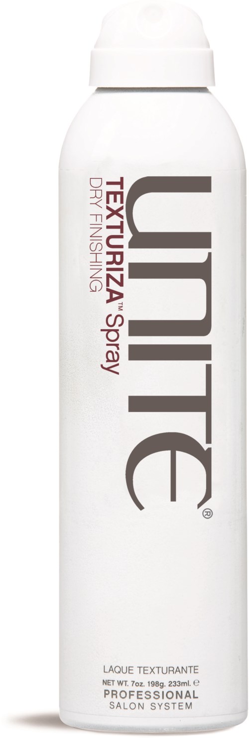 A white bottle with black and red text, labeled as a hair spray for dry finishing. Large "Unite" logo. Small details at bottom.