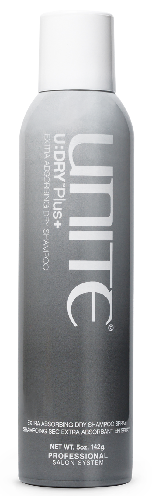 Ein langer silberner und weißer Shampoo-Spray mit den Worten "UNITE U.ory Plus" und Produktdetails.