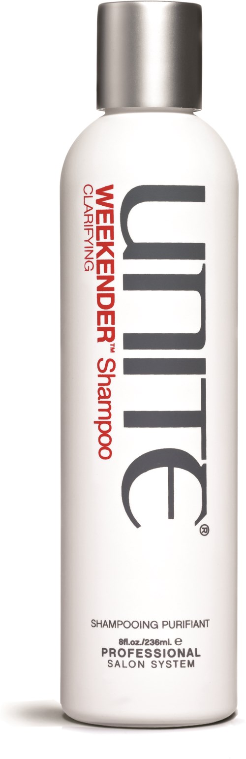 A white bottle of Unite shampoo with silver cap, labeled for weekly use, purifies and is for professional salons.
