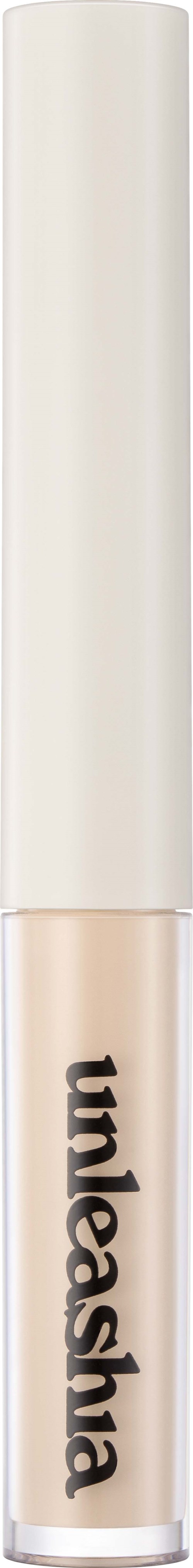 Een beige stick met witte dop en zwarte tekst die zegt "Unlash".