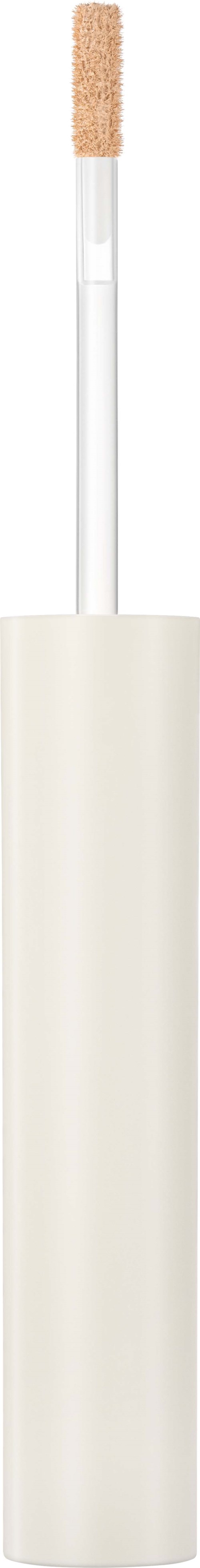 Ein weißer Lippenstift mit durchsichtiger Applikatorspitze und beige Glanz im Inneren.