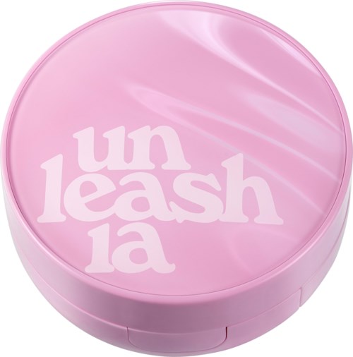 Roze ronde container met het woord 'unleash' in witte, gestileerde letters op de bovenkant.
